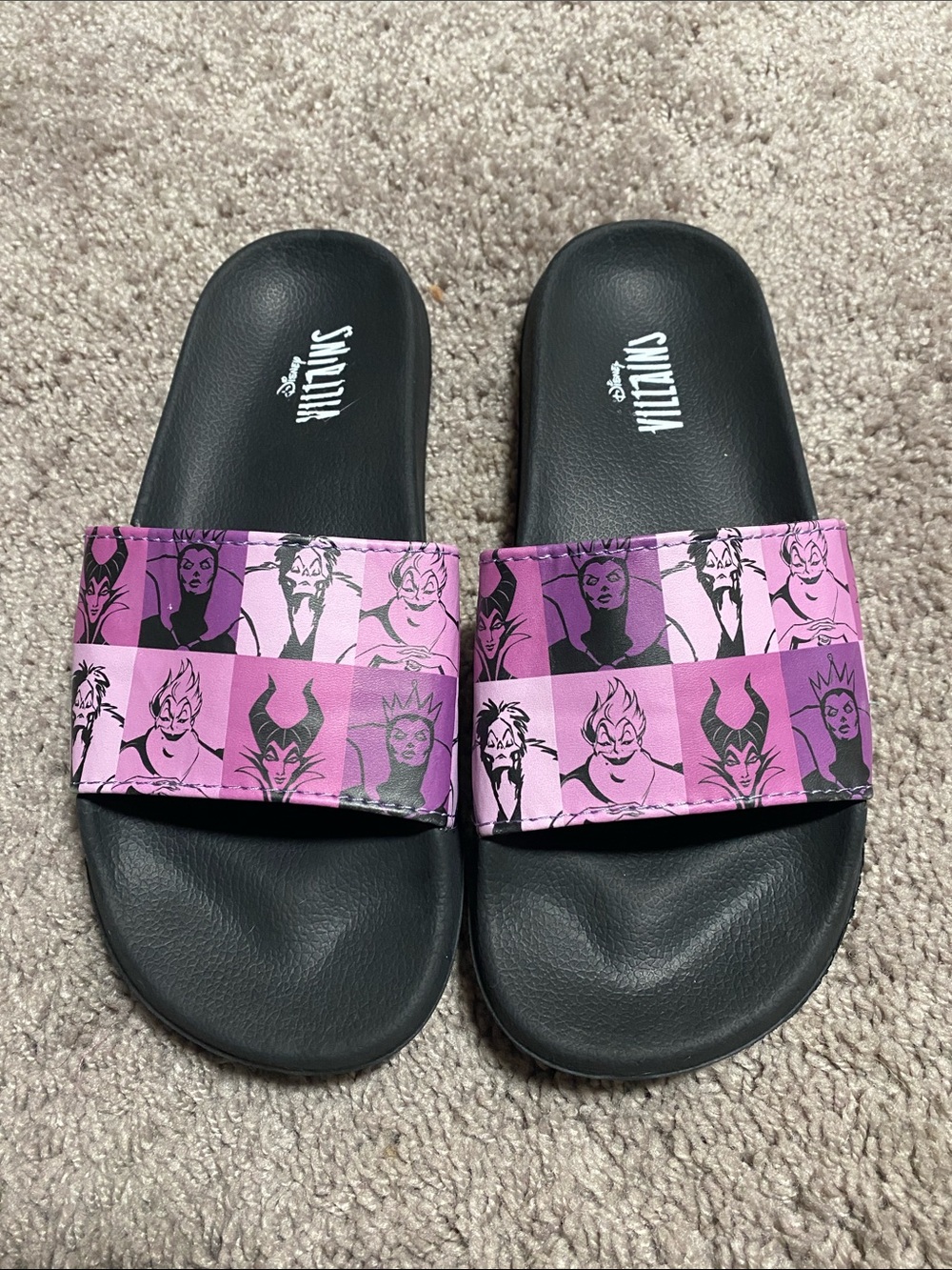 Disney Black Slide Sandals with Pink Villain-Print Strap size 7/8 (M)